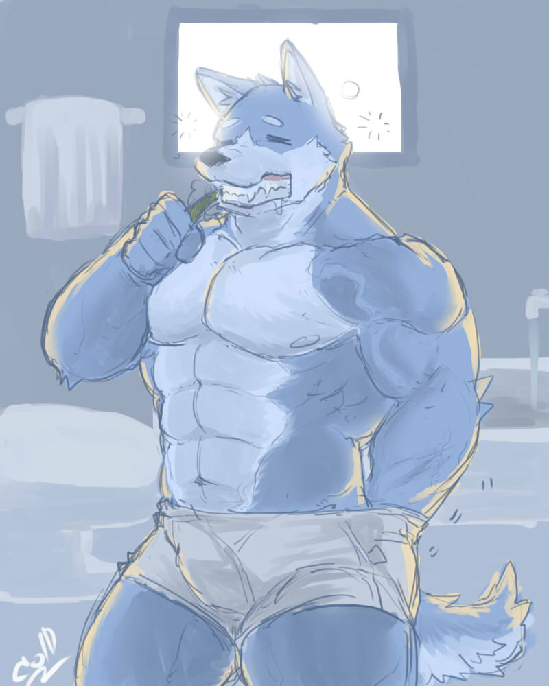 abs anthro bath biceps big_muscles biped bottomwear brush bulge clothed clothing countershading fur male muscular muscular_anthro muscular_male nipples pecs shorts sink smile solo standing tap toothbrush topless towel water window phoom lagoon_lounge kuugo_(lagoon_lounge) canid canine canis domestic_dog husky mammal nordic_sled_dog spitz 4:5