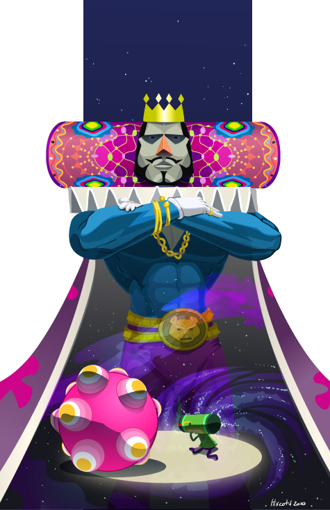 ball beard belt bodily_fluids bracelet clothing crown crying duo facial_hair gloves green_body green_skin grey_body grey_skin handwear headgear jewelry kneeling male mustache ring star tears crumbelievable katamari king_of_all_cosmos prince_of_all_cosmos alien