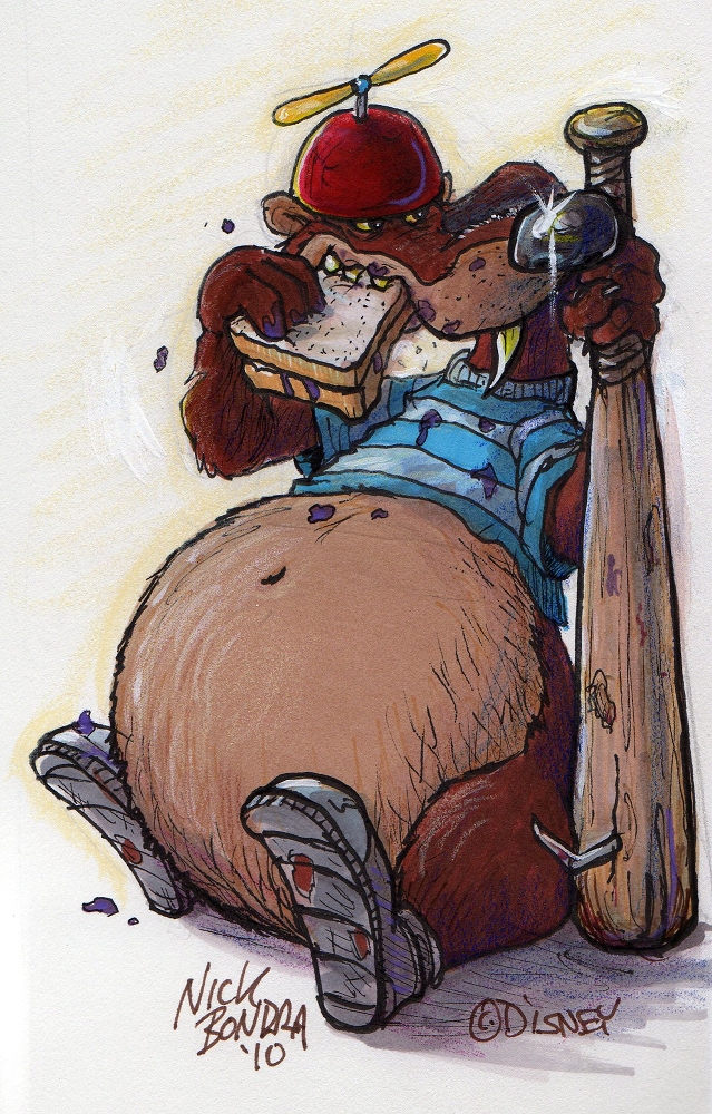 anthro baseball_bat bat_(object) belly big_belly brown_body brown_fur claws clothing eating food footwear fur hat headgear headwear male messy nail navel overweight overweight_male propeller_hat sandwich_(food) shirt shoes sitting snaggle_tooth solo teeth topwear yellow_sclera yellow_teeth nick_bondra phraggle disney who_framed_roger_rabbit stupid_(character) toon_patrol mammal mustelid musteline true_musteline weasel 2010 signature traditional_media_(artwork)