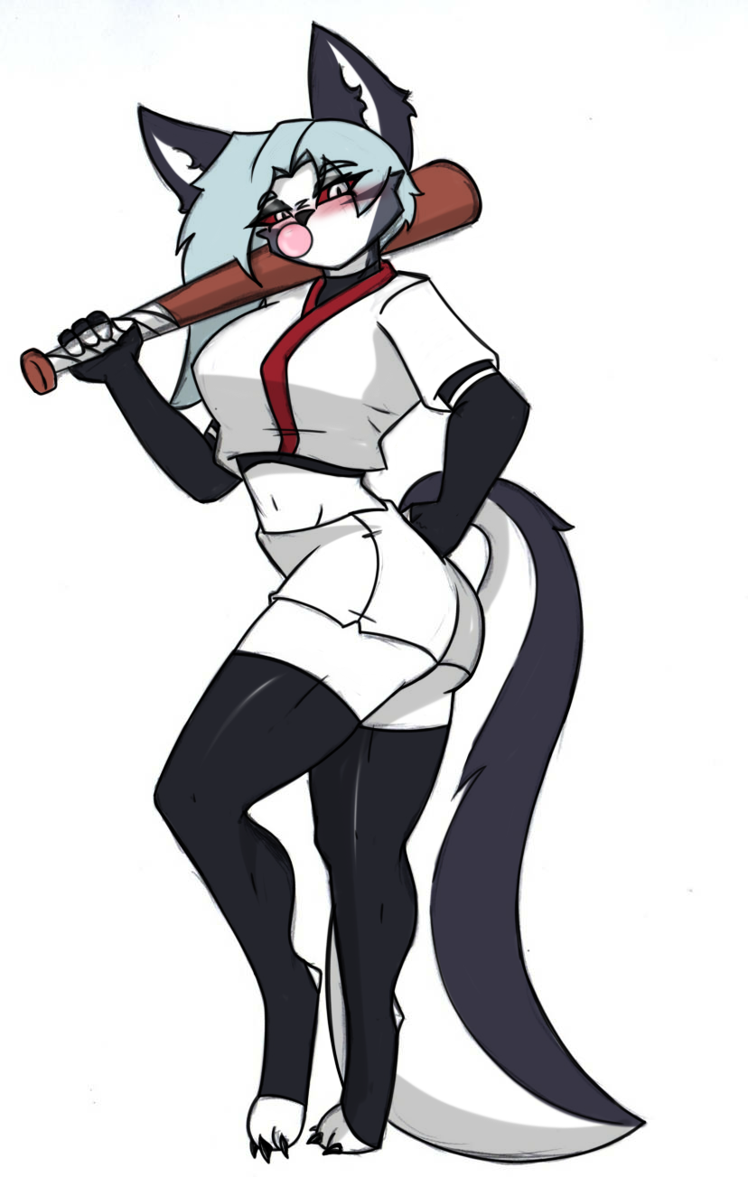 anthro baseball_bat baseball_uniform bat_(object) big_breasts blowing_bubble_gum breasts clothing female looking_at_viewer pose small_waist solo sportswear thick_thighs uniform wide_hips pace-maker helluva_boss mythology loona_(helluva_boss) canid canid_demon canine demon hellhound mammal mythological_canine mythological_creature hi_res