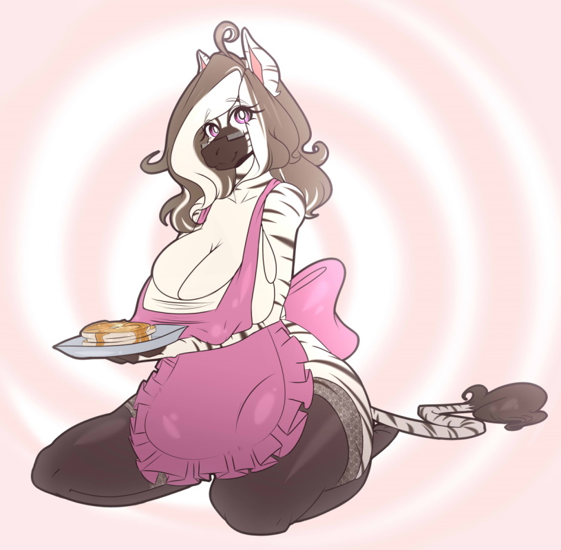 anthro apron black_hair breasts cleavage clothed clothing erect_nipples eyewear female food glasses hair lace looking_at_viewer nipples pancake pink_eyes sitting solo white_hair xelly_zebra hazelkisses equid equine mammal zebra