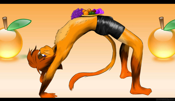 anthro black_bars black_clothing black_underwear blue_eyes bulge clothed clothing food fruit fur hair looking_at_viewer male orange_body orange_fur partially_clothed plant plate pose red_hair simple_background solo underwear ryotsuke felid feline mammal letterbox