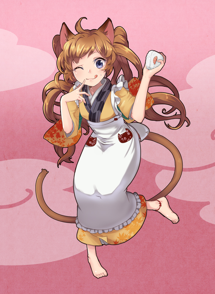 ahoge anklet apron asian_clothing barefoot blue_eyes brown_hair cat_tail clothing east_asian_clothing feet female food hair japanese_clothing jewelry kimono long_hair looking_at_viewer one_eye_closed onigiri pigtails rice solo tongue tongue_out wink sally_(artist) animal_humanoid cat_humanoid felid felid_humanoid feline feline_humanoid humanoid mammal mammal_humanoid