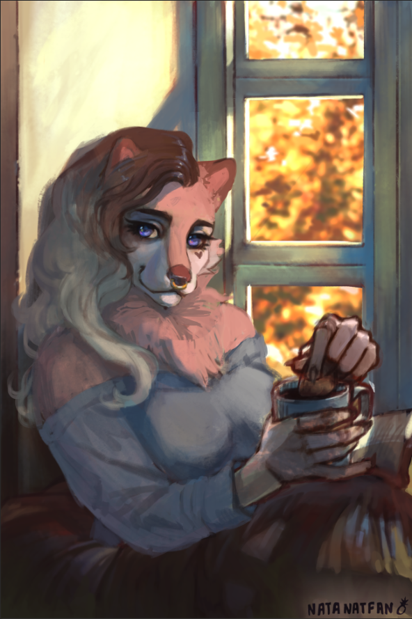 anthro autumn bedding beverage biscuit_(food) blanket blue_eyes bread brown_hair candy chest_tuft chocolate clothed clothing coffee_mug container cookie cup dessert detailed_background dipping facial_piercing female fingers fluffy fluffy_tail food fur furniture hair half-shaved_hair heart_(marking) heart_mole heart_symbol highlights_(coloring) holding_container holding_cup holding_object hot_chocolate humanoid_hands inside light long_hair looking_at_viewer markings mole_(marking) multicolored_body multicolored_fur multicolored_hair neck_tuft nose_piercing nose_ring piercing pink_body pink_fur pink_skin ring_piercing septum_piercing shoulderless_shirt sitting smile solo sweater tail topwear tuft wavy_hair white_hair window window_seat natfan charlotte_genevieve canid canine canis domestic_dog mammal nordic_sled_dog samoyed spitz colored detailed digital_drawing_(artwork) digital_media_(artwork) digital_painting_(artwork) lighting shaded