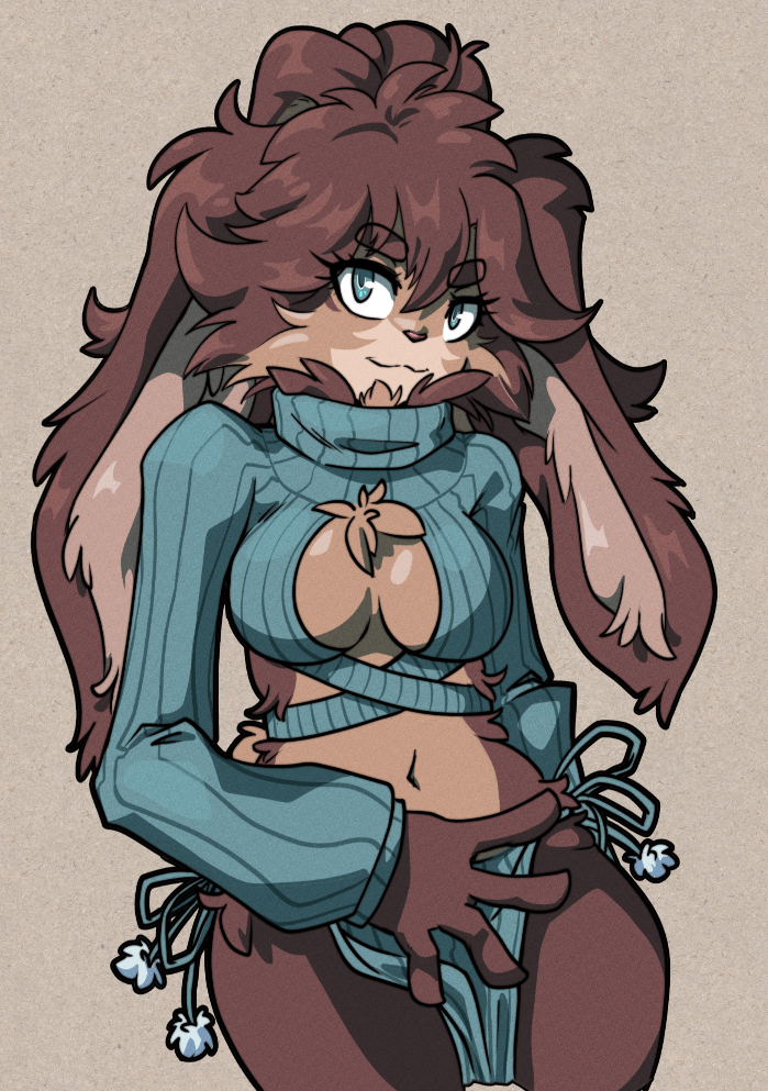 anthro breasts brown_body chest_tuft cleavage cleavage_cutout clothed clothing cutout female fur looking_at_viewer simple_background solo sweater tan_body tan_fur teal_eyes topwear tuft firekitty star_wars star_wars_visions lop_(star_wars_visions) alien lagomorph lepi leporid mammal rabbit