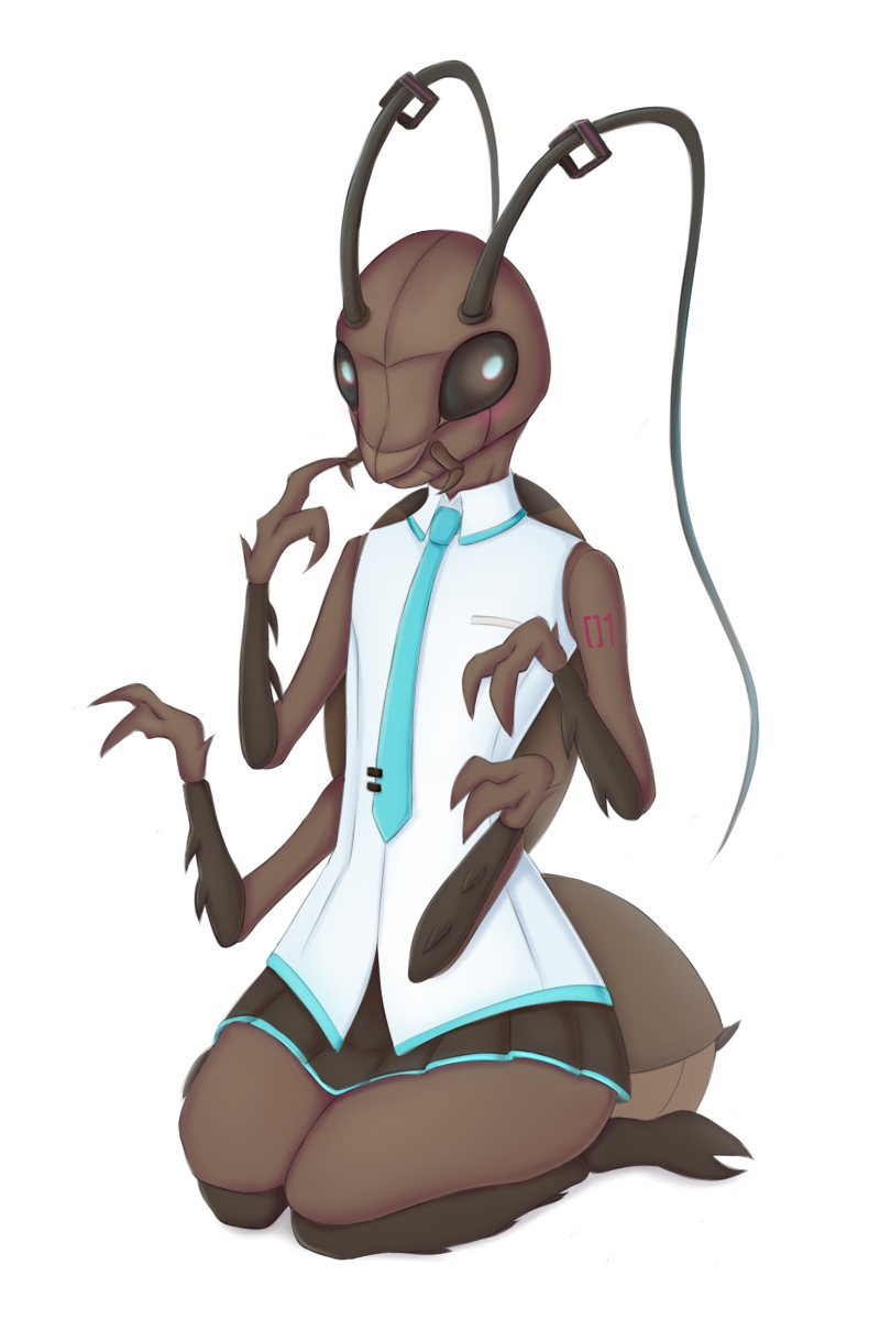 alternative_fashion anthro blouse blush bottomwear clothing cyberpop female j-fashion necktie sitting skirt solo topwear tanatos_aaa vocaloid hatsune_miku arthropod blattodea cockroach insect hi_res