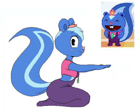 air_freshener anthro big_butt breasts buckteeth butt clothed clothing female fully_clothed jewelry kneeling looking_at_viewer medium_breasts necklace side_view simple_background smile solo tail teeth thick_thighs myrant happy_tree_friends petunia_(htf) mammal mephitid skunk 2023