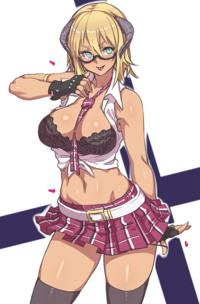 absolute_territory alternative_fashion amesuku_gyaru armband armlet belt between_breasts big_breasts black_bra black_clothing black_gloves black_handwear black_legwear black_underwear blonde_hair blush bottomwear bra breasts cleavage clothed clothing clothing_pull eyewear female fingerless_gloves front-tie_top glasses glistening glistening_body glistening_skin gloves green_eyes gyaru hair handwear heart_symbol horn j-fashion kogal lace lace-trimmed_bra legwear midriff navel necktie necktie_between_breasts not_furry panties panty_pull pattern_bottomwear pattern_clothing pattern_necktie pattern_skirt plaid plaid_bottomwear plaid_clothing plaid_necktie plaid_neckwear plaid_skirt school_uniform shirt short_hair simple_background skindentation skirt smile solo thigh_highs tied_shirt tongue tongue_out topwear underwear underwear_pull uniform white_background white_belt white_clothing white_shirt white_topwear houtengeki demon demon_humanoid horned_humanoid humanoid