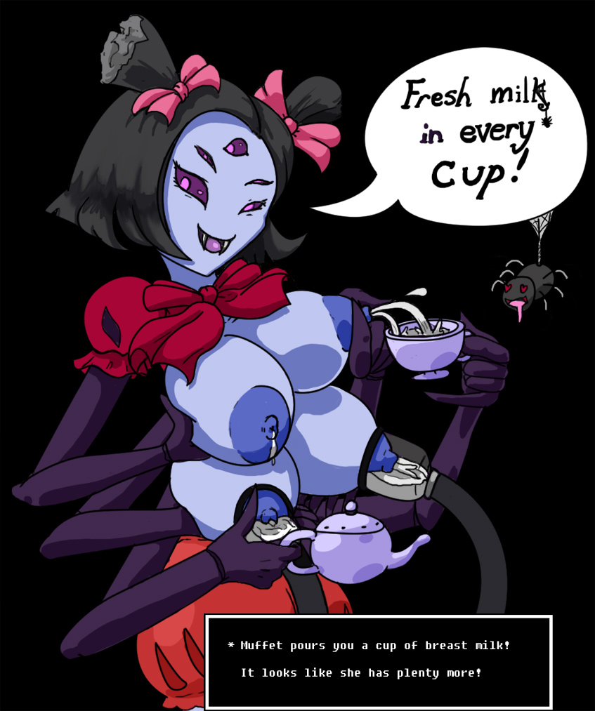 areola beverage big_areola big_breasts big_nipples bodily_fluids breast_milking breasts container cup duo fangs female food huge_areola huge_nipples lactating milk multi_breast multi_eye nipples pigtails puffy_areola puffy_nipples simple_background tea_cup teeth text jim_sugomi undertale undertale_(series) muffet animal_humanoid arachnid arachnid_humanoid arthropod arthropod_humanoid humanoid spider spider_humanoid english_text monochrome