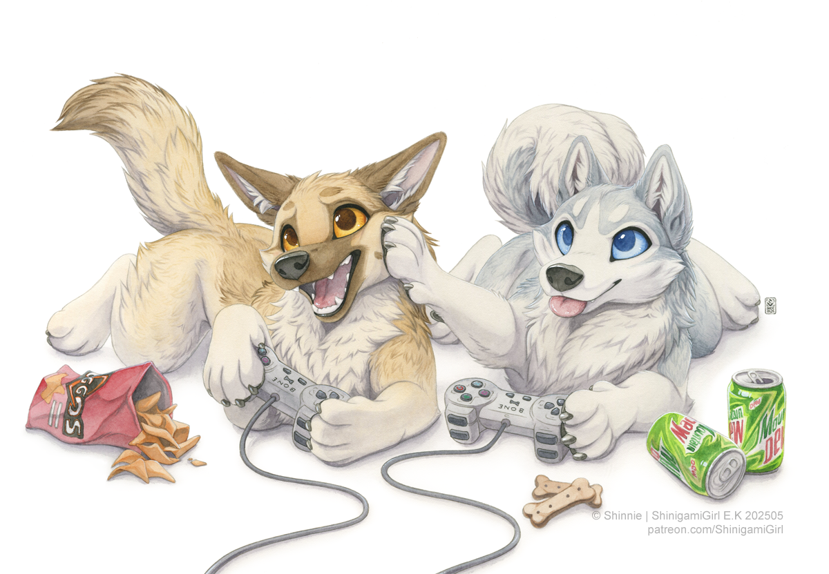 ambiguous_gender beverage_can blep blue_eyes chip_bag chips_(food) claws controller dog_food dog_treat duo fangs feral food fur game_controller hand_on_another's_head open_mouth pet_food simple_background tan_body tan_fur teeth tongue tongue_out white_background white_body white_fur yellow_eyes shinigamigirl mountain_dew canid canine canis domestic_dog german_shepherd herding_dog husky mammal nordic_sled_dog pastoral_dog spitz 2025 painting_(artwork) watercolor_(artwork)