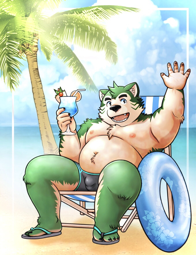 anthro beach beach_chair belly bottomwear bulge clothing detailed_bulge eyebrows footwear fur genital_outline green_body green_fur male nipples overweight overweight_male penis_outline sandals seaside shoes shorts solo swim_ring swimwear thick_eyebrows kemokemumaki kemumaki smoke_roll lifewonders live_a_hero mokdai canid canine canis domestic_dog mammal 2022