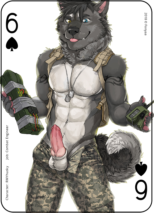 abs animal_genitalia animal_penis anthro balls biped blep bottomwear canine_genitalia canine_penis card card_template clothed clothing copyright_symbol dog_tags erection explosives fur genitals grey_body grey_fur hair heterochromia knot male military muscular muscular_anthro muscular_male navel nipples pants partially_clothed pecs penis playing_card playing_card_template simple_background six_of_spades smile solo spades_(suit) standing suit_symbol symbol text tongue tongue_out topless uniform fonyaa canid canine canis domestic_dog husky mammal nordic_sled_dog spitz 2018 digital_media_(artwork) english_text