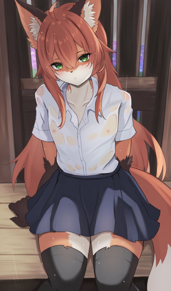 ahoge anthro asian_clothing blush bodily_fluids bottomwear brown_body brown_fur brown_hair brown_nose clothed clothing collared_shirt crossdressing dipstick_tail east_asian_clothing femboy footwear fur gloves_(marking) green_eyes hair japanese_clothing japanese_school_uniform kemono legwear long_hair looking_at_viewer male male_anthro markings nipples school_uniform shirt sitting skirt socks solo sweat sweatdrop tail tail_markings tan_body tan_fur thigh_highs topwear translucent translucent_clothing tuft uniform wet wet_clothing wet_shirt wet_topwear white_body white_fur an_chobi94 remu-kun canid canine fox mammal 2023 digital_media_(artwork) hi_res