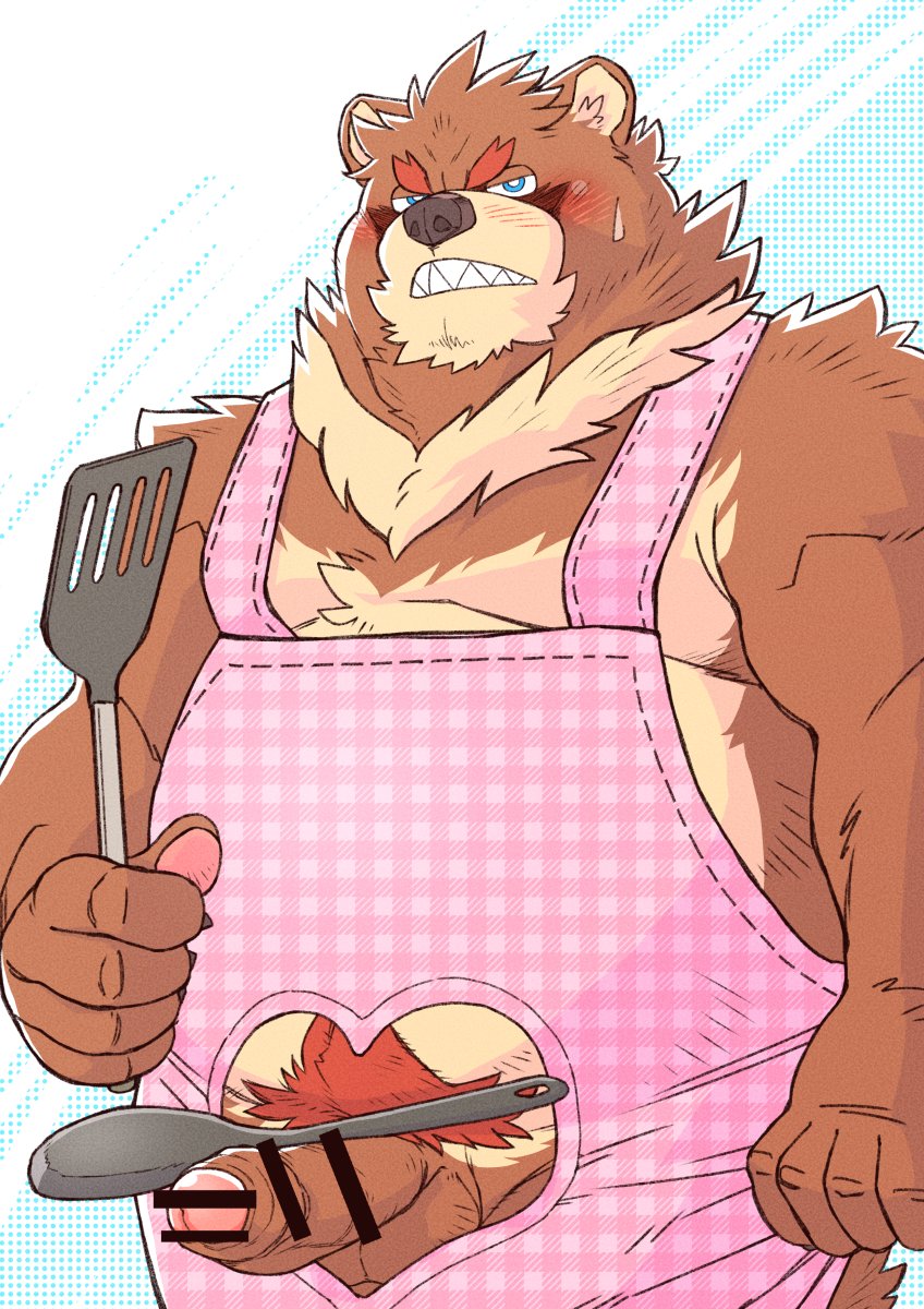 anthro apron balls belly big_belly blue_eyes blush brown_body brown_fur clothing erection fur genitals heart_symbol humanoid_genitalia humanoid_hands humanoid_penis kemono male overweight overweight_male penis solo spatula tools ryuta-h bear mammal 2022 hi_res