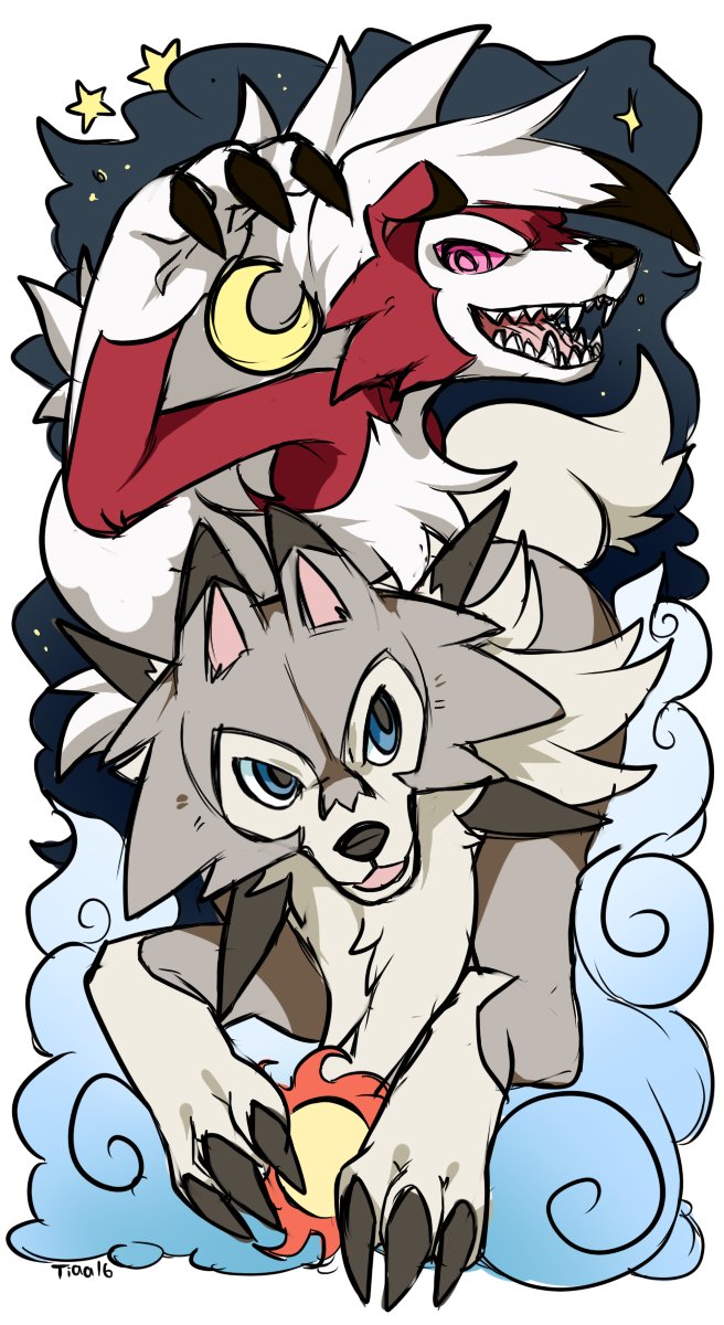 ambiguous_gender claws duo feral moon open_mouth sharp_teeth sun teeth tiaamaito nintendo pokemon canid canine generation_7_pokemon lycanroc mammal midday_lycanroc midnight_lycanroc pokemon_(species) 2016 hi_res