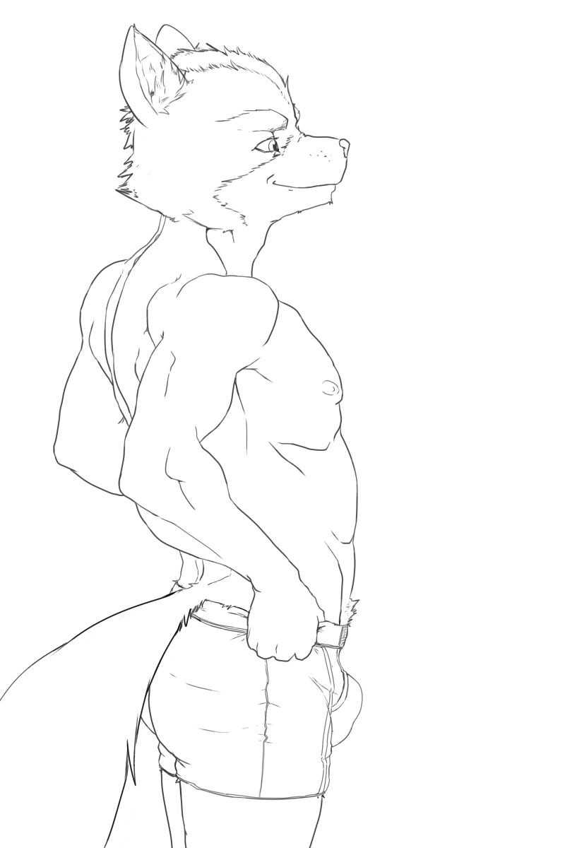 anthro athletic athletic_anthro athletic_male biped boxer_briefs bulge clothed clothing hands_on_hips male nipples pecs pose side_view simple_background smile solo standing tight_clothing topless underwear ducati nintendo star_fox fox_mccloud canid canine fox mammal 2:3 black_and_white hi_res line_art monochrome pinup