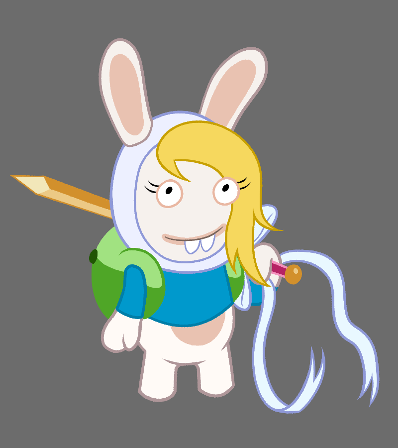 anthro backpack blonde_hair bottomless buckteeth clothed clothing cosplay crossover_cosplay eyelashes female grey_background hair hat headgear headwear looking_at_viewer melee_weapon shirt simple_background solo sword teeth topwear weapon unknown_artist adventure_time cartoon_network raving_rabbids rayman_(series) ubisoft fionna_the_human lagomorph mammal rabbid 2023 crossover