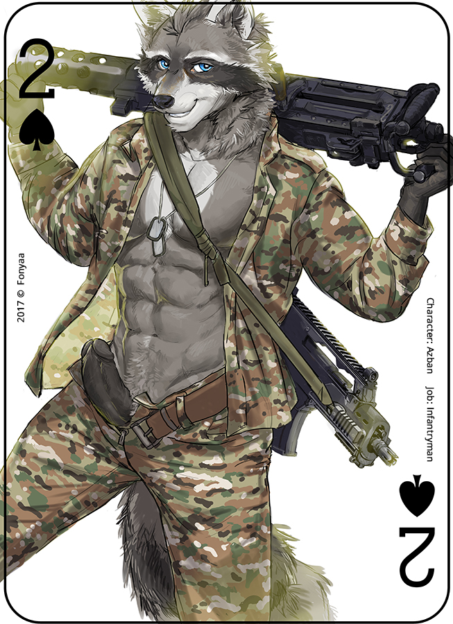 abs anthro black_penis card card_template copyright_symbol dog_tags erection fur genitals gun holding_gun holding_object holding_ranged_weapon holding_weapon humanoid_genitalia humanoid_penis looking_at_viewer male military muscular muscular_anthro muscular_male pecs penis playing_card playing_card_template ranged_weapon simple_background smile solo spades_(suit) standing suit_symbol symbol two_of_spades weapon fonyaa azban mammal procyonid raccoon 2017 digital_media_(artwork)