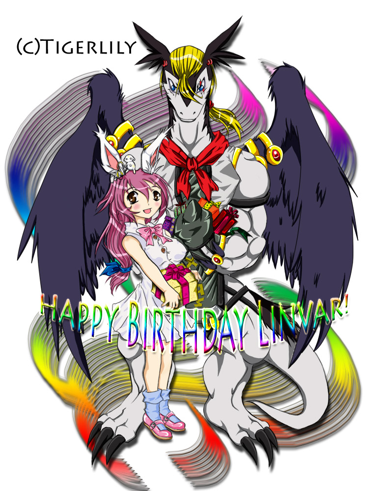 anthro birthday black_body black_feathers black_scales blonde_hair bottomwear breasts claws clothed clothing duo feathered_wings feathers female gift hair long_hair looking_at_viewer male muscular nipple_outline purple_hair scales simple_background size_difference skirt tail text white_background white_body white_scales wings tigerlilylucky legendz mythology linvar ranshiin animal_humanoid dragon humanoid lagomorph mammal mythological_creature mythological_scalie scalie 2009 english_text