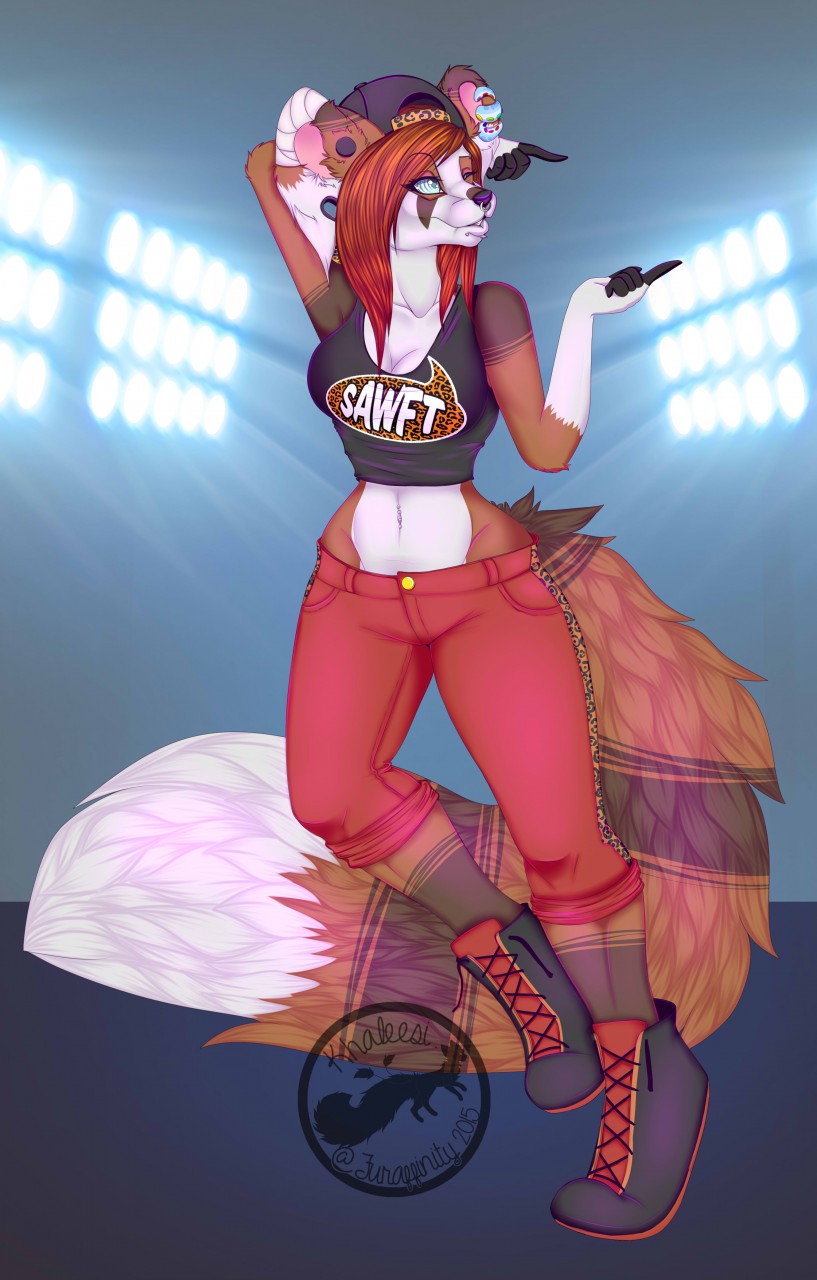 anthro biped clothed clothing ear_piercing female hat headgear headwear navel one_eye_closed piercing smile solo standing wide_hips magic_(artist) ailurid mammal red_panda hi_res