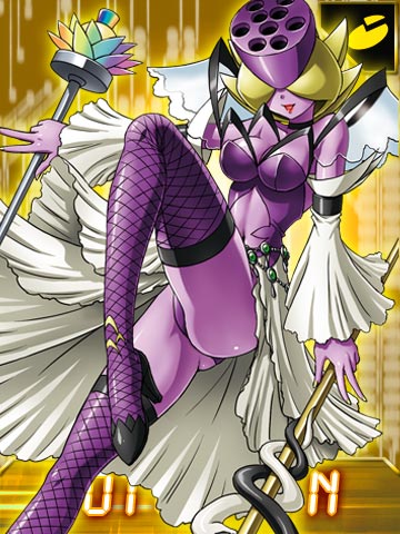 breasts cleavage clothed clothing female legwear melee_weapon not_furry plant polearm purple_body purple_skin simple_background solo staff stockings weapon yellow_background bandai_namco digimon digimon_(species) elemental_creature flora_fauna humanoid lotusmon monster 3:4 low_res official_art