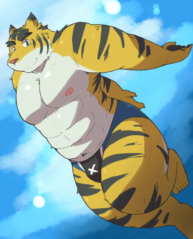 anthro barazoku clothing humanoid_hands kemono male muscular muscular_male navel nipples pecs solo swimwear white_body yellow_body ayame42612 morenatsu torahiko_(morenatsu) felid mammal pantherine tiger 2014