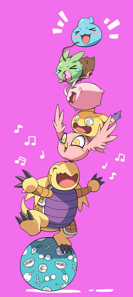 anthro balancing ball blush bodily_fluids crying group musical_note musical_symbol scared symbol tears op7804620 bandai_namco digimon armadillomon digimon_(species) minomon nyaromon tokomon hi_res