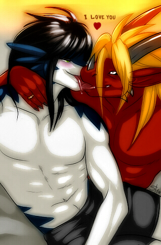 anthro blonde_hair blush bottomwear clothed clothing duo french_kissing hair heart_symbol horn kissing long_ears long_hair male male/male ring romantic romantic_couple shorts text topless starsoul legendz mythology clei soulfire dragon mythological_creature mythological_scalie scalie windragon english_text low_res