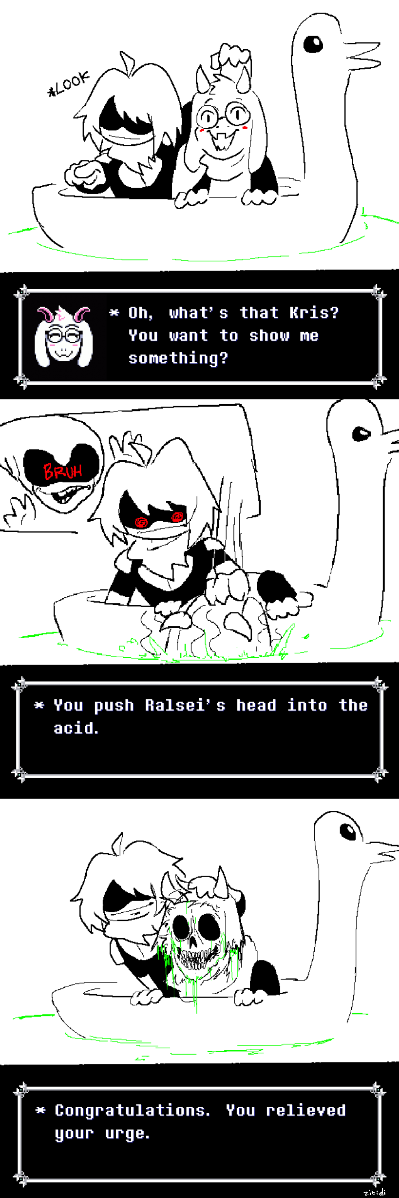 2_horns acid acid_pool anthro blush bone bruh cursed_image dark_humor death dialogue duo eyewear female glasses gore horn humor killing machine male melted_skin melting red_eyes skull smile text text_box three_frame_image three_frame_sequence why zibidi deltarune undertale_(series) kris_(deltarune) queen_(deltarune) ralsei bovid caprine goat human humanoid mammal robot 1:3 absurd_res black_and_white comic english_text hi_res monochrome sequence