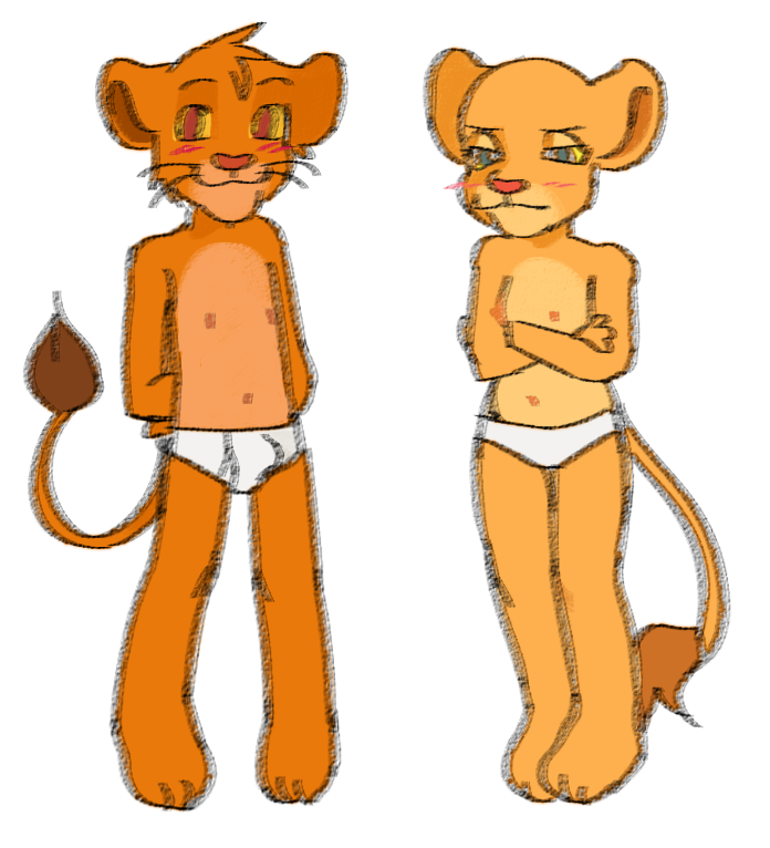 anthro anthrofied blush briefs bulge clothed clothing crossed_arms duo female flat_chested hands_behind_back looking_at_viewer male nipples smile standing tail tighty_whities underwear underwear_only white_briefs white_clothing white_underwear young young_female young_male coolsalad disney the_lion_king nala_(the_lion_king) simba_(the_lion_king) felid lion mammal pantherine