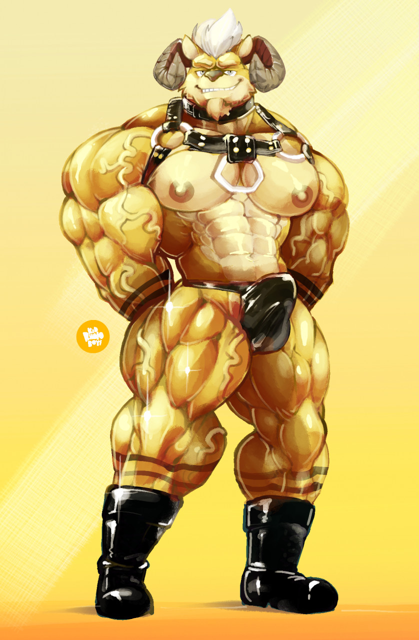 anthro big_muscles boots brown_hair brown_horn brown_nipples bulge clothing footwear fur glistening glistening_body grin hair harness horn huge_muscles looking_at_viewer male muscular muscular_anthro muscular_male nipples plantigrade shoes simple_background smile solo standing tattoo tenting underwear vein veiny_muscles white_hair yellow_body yellow_fur chirros volt_(muscleramvolt) bovid caprine mammal 2022 hi_res