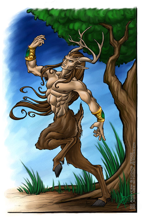 abs antlers areola armor armpit_hair body_hair bracers brown_body brown_fur brown_hair fur grass hair hooves horn humanoid_pointy_ears jewelry long_hair male muscular muscular_male nipples pecs plant pointy_ears raised_arm solo teeth tree kytheraoa celtic_mythology european_mythology mythology cernunnos deity humanoid satyr 2002 watermark