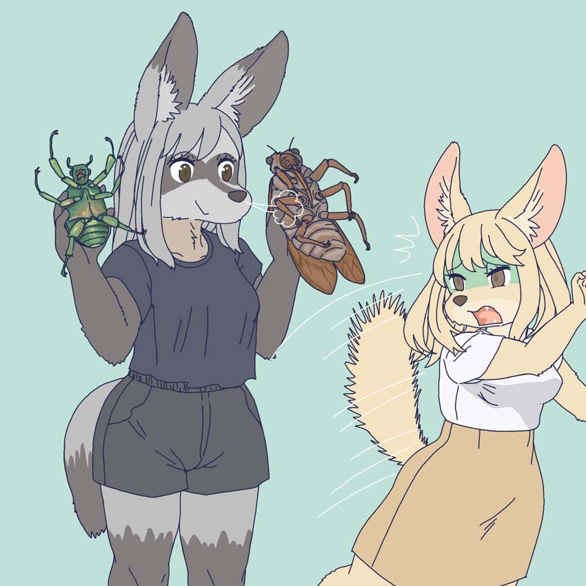 ambiguous_gender anthro clothed clothing female feral green_background group kemono scared simple_background tail ekaki510 arthropod bat-eared_fox canid canine cicada fennec_fox fox insect mammal true_bug true_fox 1:1