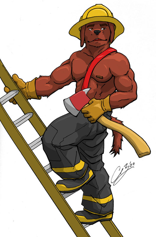 abs anthro armor axe biceps biped boots brown_body brown_fur clothed clothing fire_axe firefighter firefighter_boots firefighter_helmet footwear fur headgear helmet ladder male melee_weapon muscular muscular_anthro muscular_male nipples pecs pose shoes solo tail topless turnout_gear uniform weapon chestnuts_(artist) gus canid canine canis domestic_dog mammal 2009