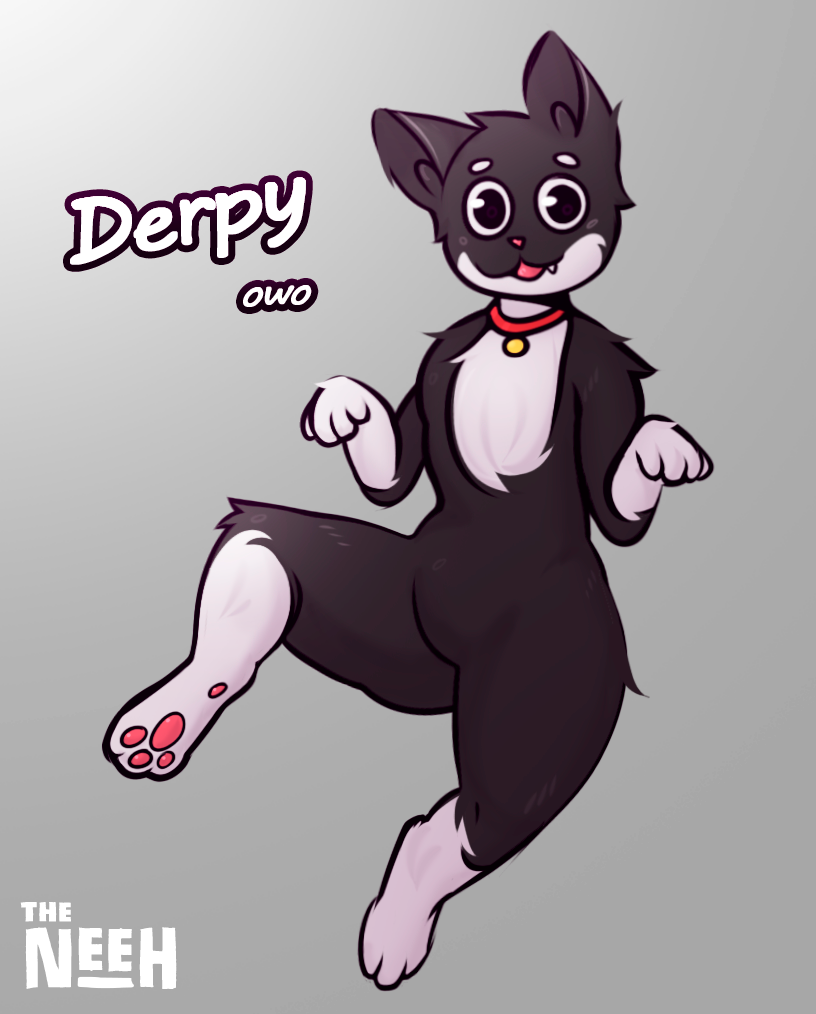 anthro black_body black_fur bulge circle_eyebrows derp_eyes dummy eyebrows fur male nude owo pawpads paws semi-anthro solo thick_thighs tongue white_body white_fur wide_hips neeh derpy_(neeh) domestic_cat felid feline felis mammal