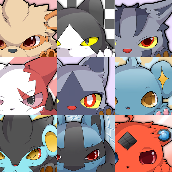 ambiguous_gender blue_eyes feral group heterochromia looking_at_viewer red_eyes red_nose red_sclera yellow_sclera okunawa nintendo pokemon arcanine canid canine canis felid feline felis generation_1_pokemon generation_3_pokemon generation_4_pokemon lucario luxray mammal mightyena pokemon_(species) poochyena shinx zangoose 1:1 2012