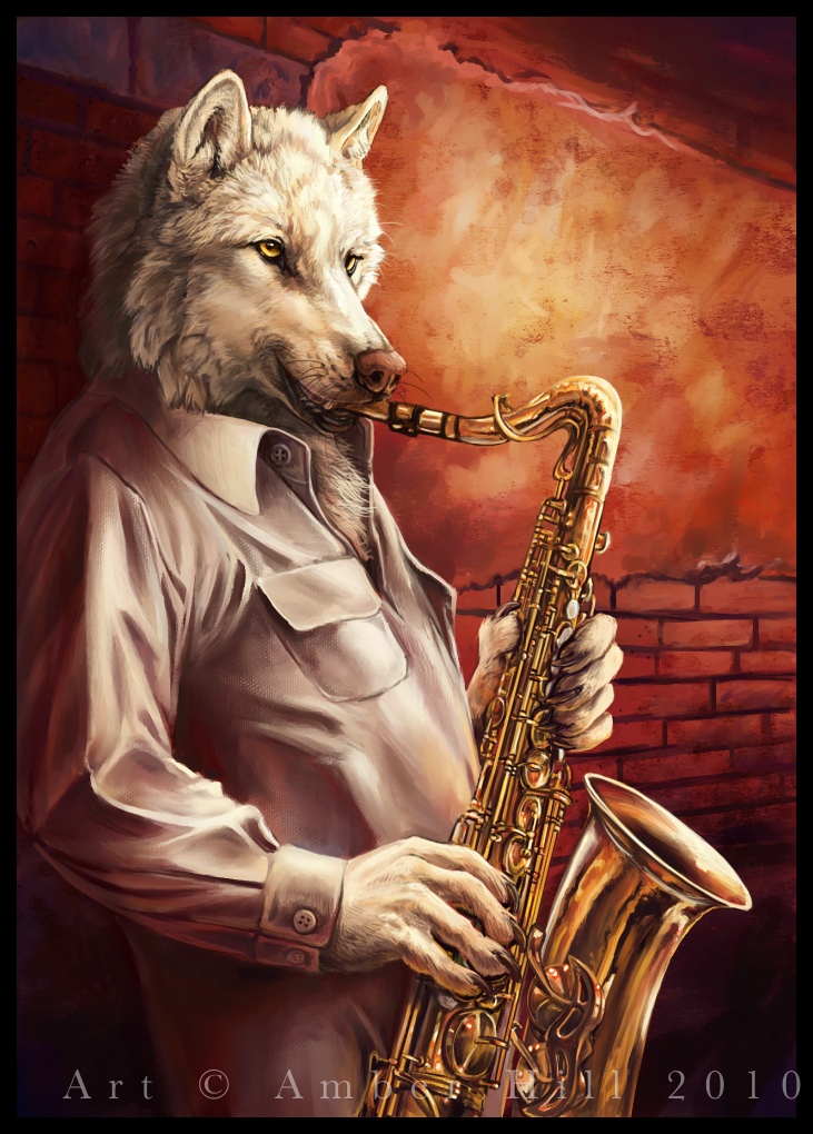 5_fingers anthro biped black_border black_claws border brown_nose claws clothed clothing fingers fur holding_musical_instrument holding_object male musical_instrument playing_music saxophone shirt solo standing tenor_saxophone topwear whiskers white_body white_clothing white_fur white_shirt white_topwear wind_instrument woodwind_instrument yellow_eyes amber_hill canid canine canis mammal wolf 2010 digital_media_(artwork)