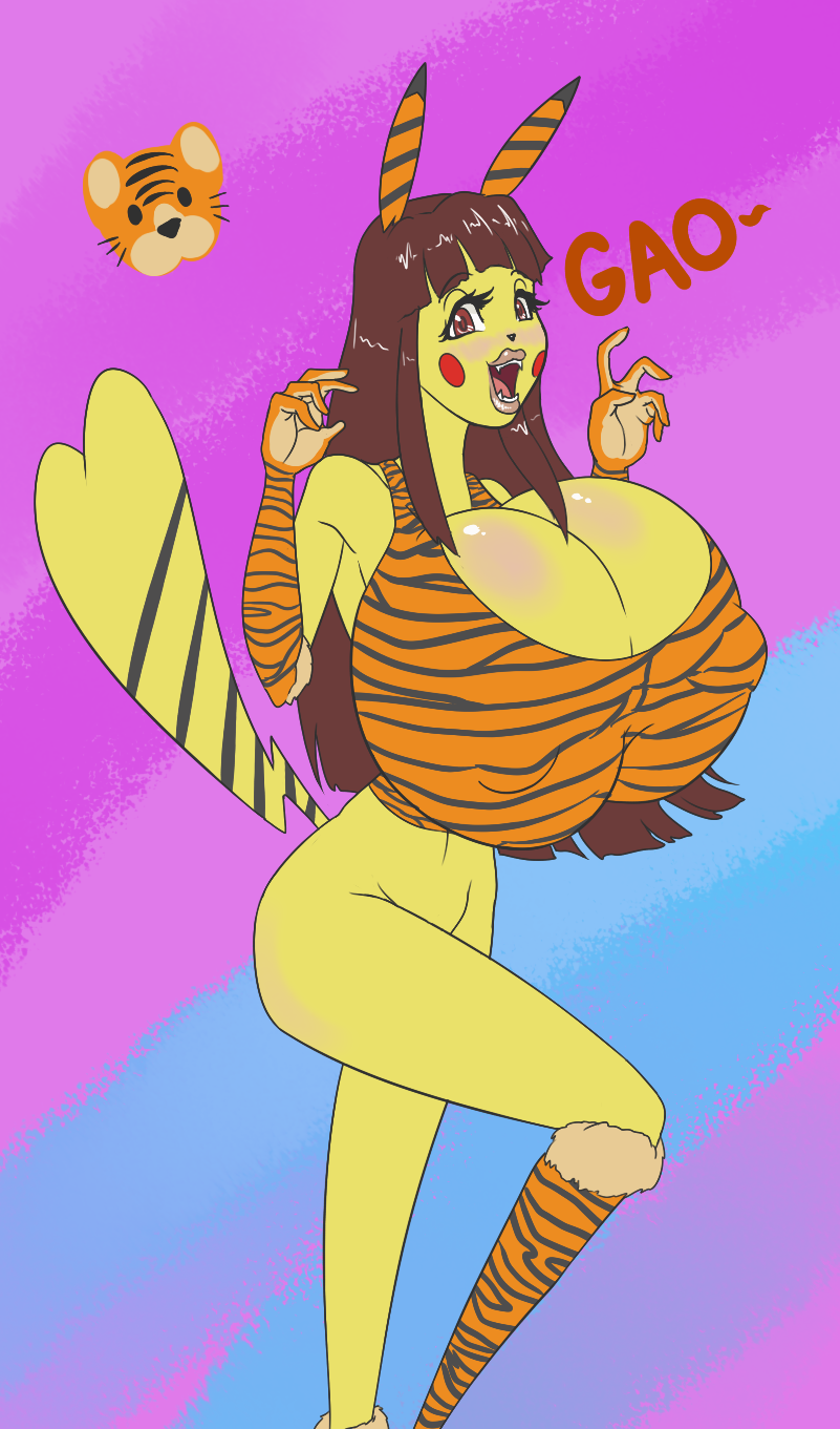 animal_print anthro big_breasts boots bottomless breasts cleft_tail clothed clothing fangs female footwear full_lips gloves handwear huge_breasts knee_boots knee_highs legwear markings shoes solo striped_markings striped_tail stripes tail tail_markings teeth tiger_print snugundies chinese_zodiac nintendo pokemon year_of_the_tiger generation_1_pokemon pikachu pokemon_(species) hi_res