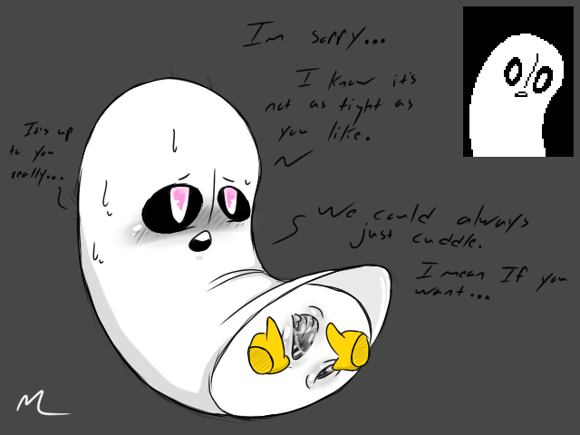 anus black_sclera blush bodily_fluids butt dialogue duo female gaping genitals heart_symbol not_furry open_mouth pink_eyes pussy simple_background spread_pussy spreading sweat text mrmilky undertale undertale_(series) napstablook ghost spirit 4:3 english_text