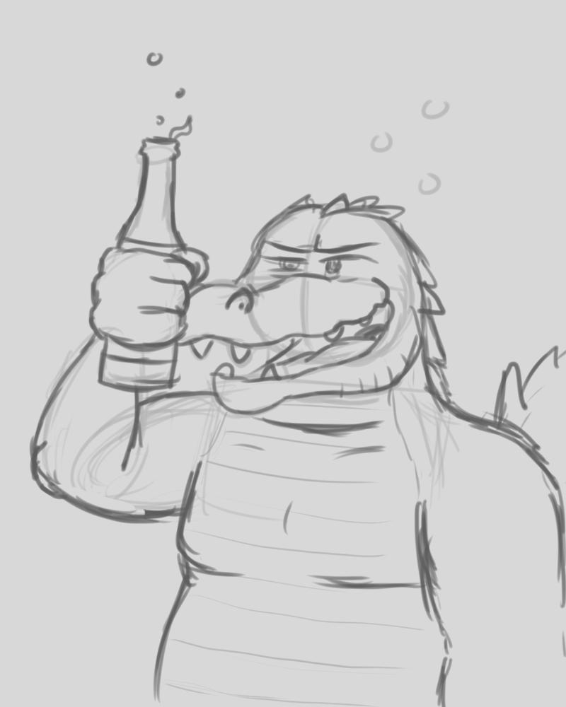 alcohol anthro beer beverage drunk male simple_background substance_intoxication white_background ronraccoon cregon alligator alligatorid crocodile crocodilian reptile scalie 4:5 monochrome sketch