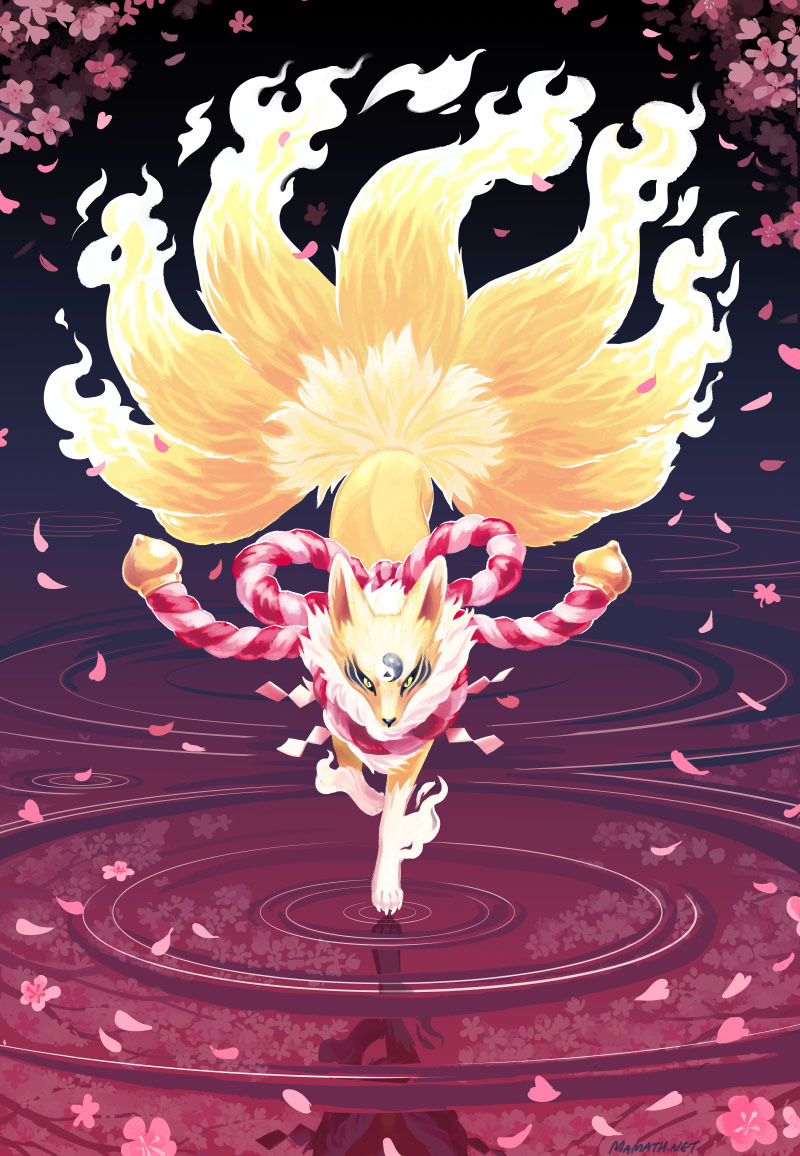 9_tails ambiguous_gender cherry_blossom feral flower multi_tail plant prunus_(flower) solo tail mamath asian_mythology bandai_namco cc-by-nc-sa creative_commons digimon east_asian_mythology japanese_mythology mythology canid canine digimon_(species) fox_spirit kyubimon mammal mythological_canine mythological_creature yokai