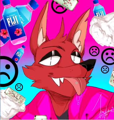 anthro black_nose bodily_fluids bottled_water clothing eyebrows fur inner_ear_fluff jumper looking_at_viewer male red_body red_fur saliva sculpture shirt smile solo statue teeth topwear tuft water youtuber javlae pyrocynical canid canine fox mammal low_res