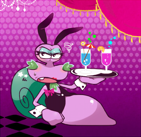 alcohol anthro beverage bodily_fluids bunny_costume checkered checkered_floor clothed clothing cocktail costume crossdressing eyelashes eyeshadow facial_hair fake_ears fake_rabbit_ears femboy goatee green_shell lying makeup male mature_anthro mature_male narrowed_eyes open_mouth purple_body ribbons shell solo sweat kouhakugohan kirby:_right_back_at_ya! kirby_(series) nintendo escargoon gastropod mollusk snail low_res