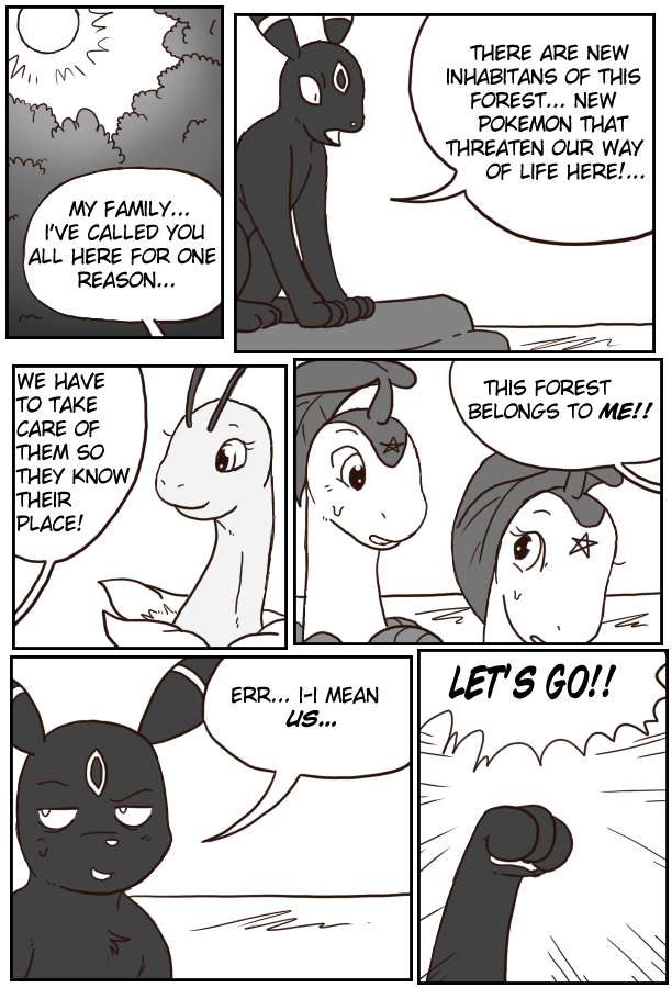 dialogue female feral male outside sun text nekostar nintendo pokemon ciel_(nicobay) fan_character malyabay nicobay skrien bayleef eeveelution generation_2_pokemon meganium pokemon_(species) umbreon 2011 comic english_text greyscale monochrome