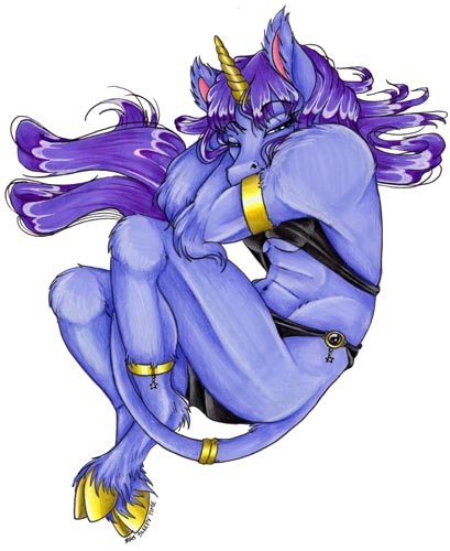 breasts clothed clothing curled_up female fur hair hooves horn long_hair purple_body purple_fur purple_hair short_hair simple_background skimpy solo tail white_background ecco mythology equid equine mammal mythological_creature mythological_equine unicorn low_res