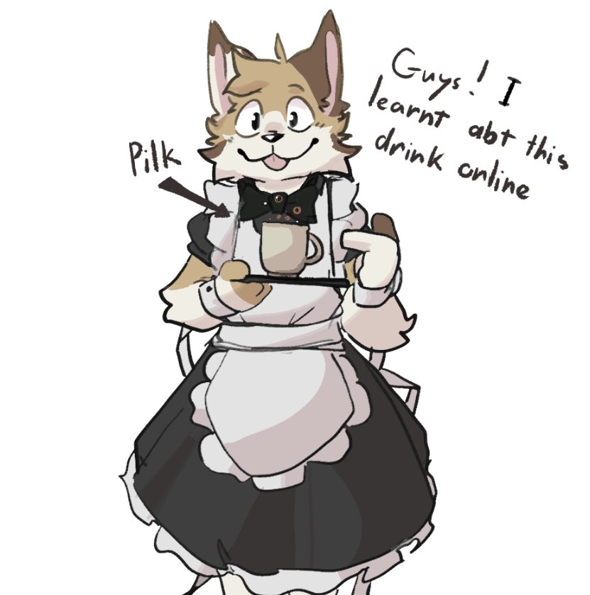 anthro apron beverage blep bow_tie clothed clothing container crossgender cup dialogue directional_arrow dress femboy front_view fur gesture hand_gesture holding_object looking_at_viewer maid_uniform male offering_to_viewer plate pointing simple_background smile solo standing talking_to_viewer tea_cup text tongue tongue_out tuft uniform white_background pop2hotzz pilk mocha_(pop2hotzz) canid canine canis domestic_dog mammal 2022 english_text meme