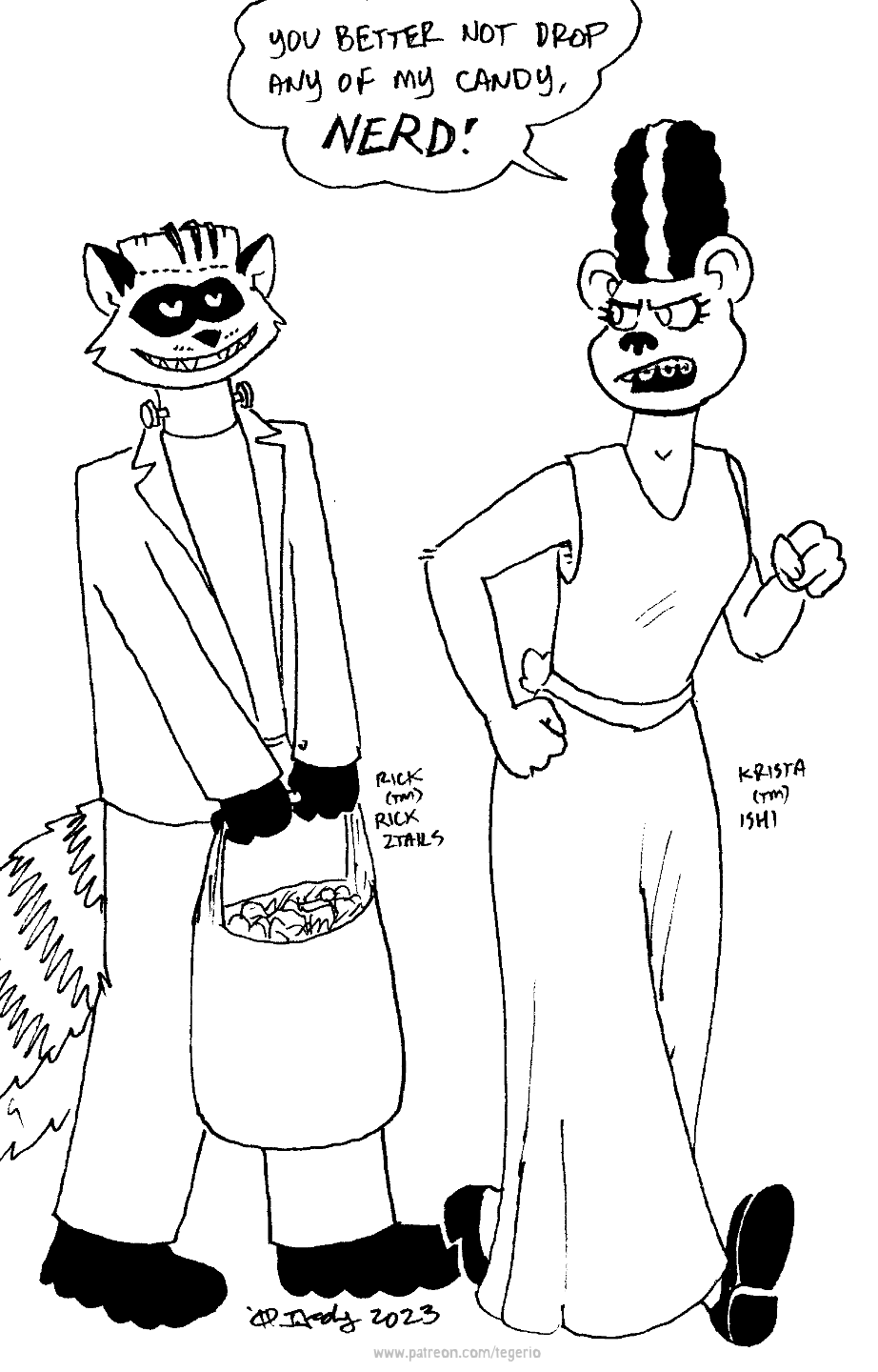 anthro bag duo female frankenstein_costume heart_eyes heart_symbol holidays male open_mouth smile text walking tegerio halloween bride_of_frankenstein frankenstein's_monster krista_blonde rick2tails bear canid canine fox hybrid mammal procyonid raccoon english_text hi_res monochrome