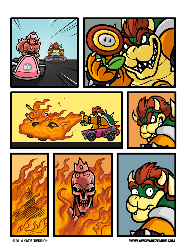 anthro burn close-up clothed clothing crown cybernetics dress driving female fire fire_flower flower frown gloves hair handwear happy headgear horn humor kart long_hair looking_at_viewer machine male parody plant princess red_hair royalty sharp_teeth shell short_hair sitting smile spikes teeth vehicle katie_tiedrich awkwardzombie mario_bros mario_kart nintendo terminator_(franchise) bowser pink_gold_peach android cyborg human koopa mammal robot scalie t-800_series_(terminator) terminators_(terminator) 2014 comic crossover