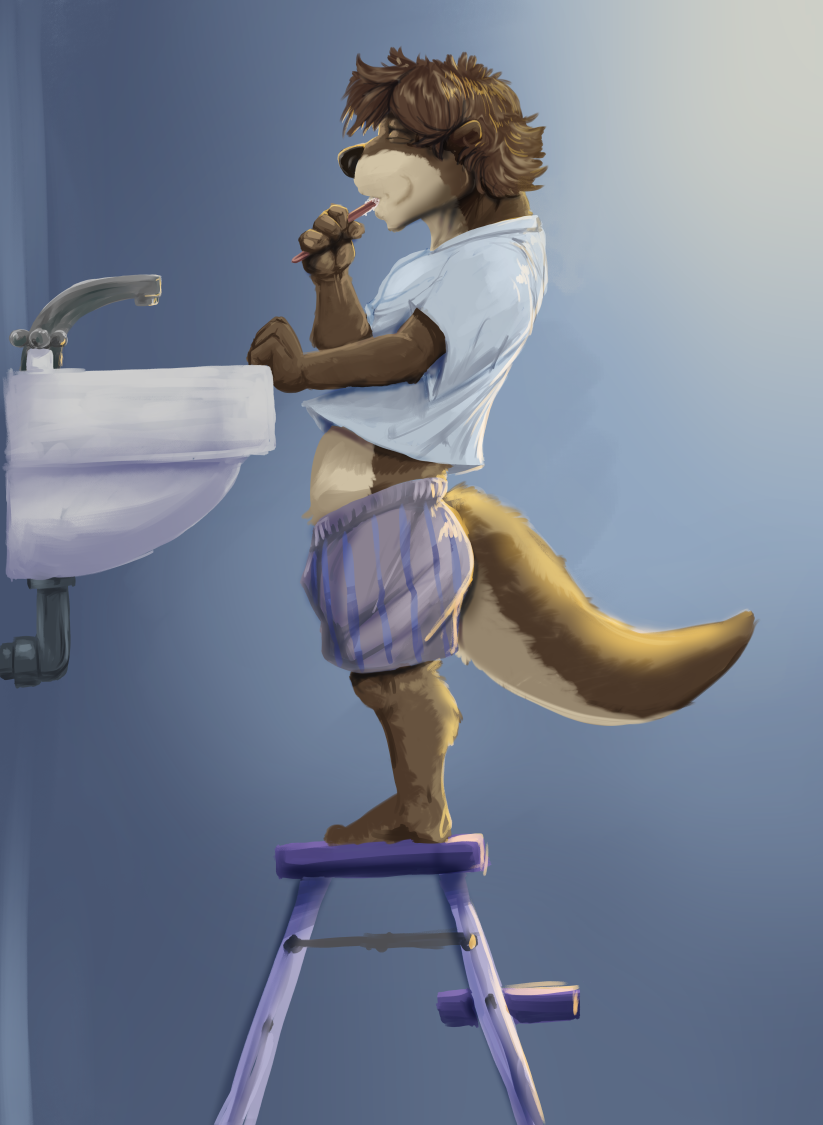 anthro blue_wall boxers_(clothing) brown_body brown_fur brown_hair brush brushing brushing_teeth bulge clothing eyes_closed faucet feet fur hair male side_view simple_background sink solo step_ladder toothbrush toothbrush_in_mouth underwear pandottermon mammal mustelid otter