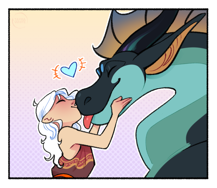 ambiguous_gender blep duo eyes_closed female feral frill_(anatomy) heart_symbol horn kissing long_neck side_view smile tongue tongue_out tayrawhite mythology dragon human mammal mythological_creature mythological_scalie scalie